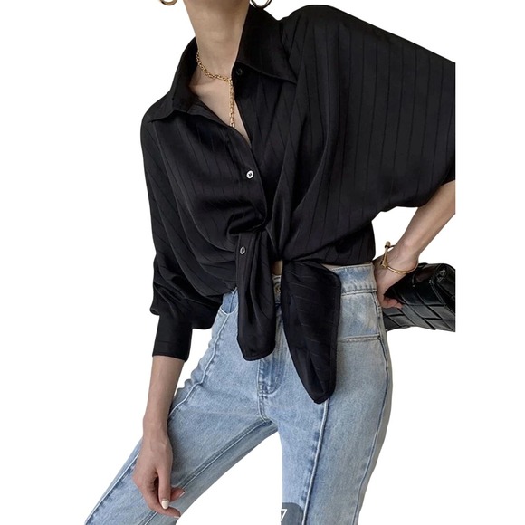 Commense Tops - Commense Womens Charlotte Black Oversized Stripe Long Sleeve Button DowM‎